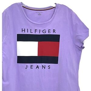 Tommy Hilfiger Jeans Women's T-Shirt XL Purple Big‎ Flag Embroidered Cap Sleeve